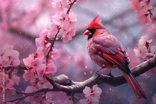 Red cardinal bird on a branch with cherry blossoms.  photo