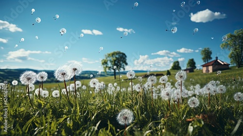 Fresh grass on spring meadow with dandelions with blurred background and blue sky with clouds on bright sunny day. 