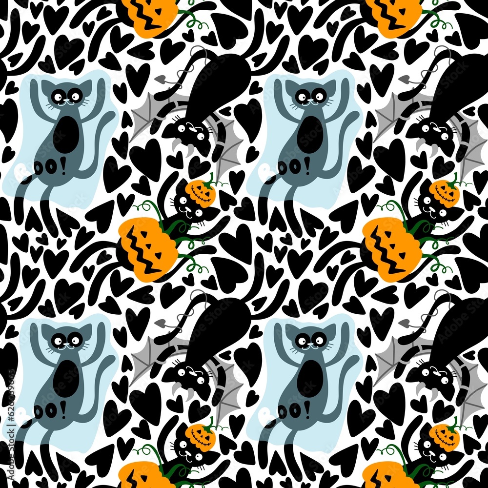 Halloween cartoon cats seamless pumpkins and ghost and monsters vampire pattern for fabrics and wrapping paper Halloween cartoon cats seamless pumpkins and ghost and monsters vampire pattern for fabrics and wrapping paper
