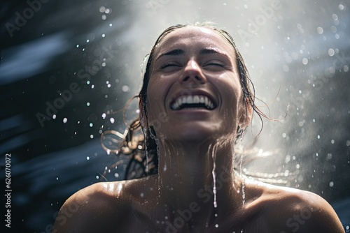 woman happily emerging from water in the sun with a splash -  christian baptism - joy of water - refreshing feeling on a hot summer day - generative ai - imaginary person © Cristiano Venti