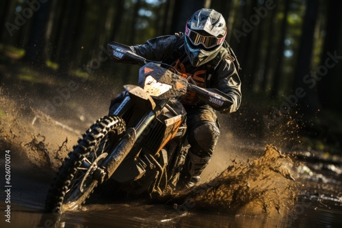 Rider on a cross-country enduro motorcycle go fast in wet forest. Enduro racing driver take a corner with a splashes of dirt and water. Drift. Made With Generative AI. © John Martin
