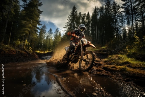 Rider on a cross-country enduro motorcycle go fast in wet forest. Enduro racing driver take a corner with a splashes of dirt and water. Drift. Made With Generative AI. photo