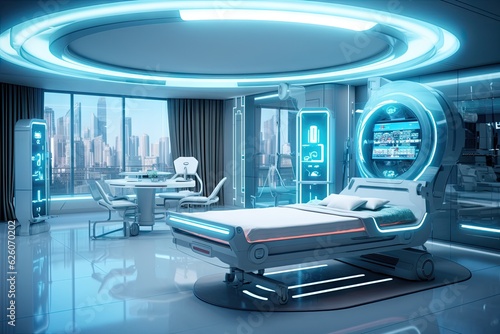 futuristic luxury hospital room - MRT technology with live screens - medical technological advancements - blue color scheme - generative ai