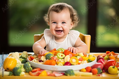 toddler in a baby's chair with a giant bowl of vegetables - happy child with colorful vegetables - healthy food and nutrition for babies and toddlers - generative ai 