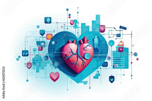illustration of a human heart in the center of a data network - medical data management - connected health data - generative ai