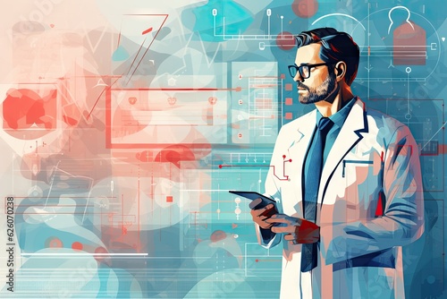 illustration of a doctor analyzing medical health data on a hand held device - medical data management - design element - background with visual data management - copy space - generative ai 