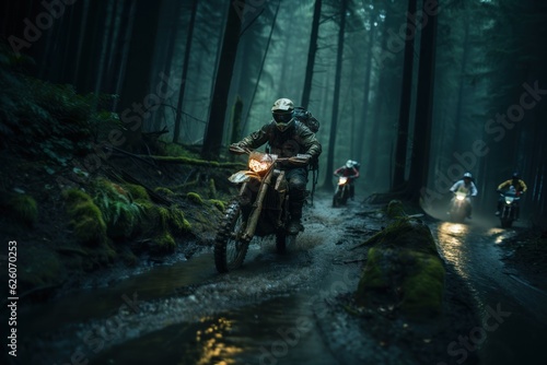 Rider on a cross-country enduro motorcycle go fast in wet forest. Enduro racing driver take a corner with a splashes of dirt and water. Drift. Made With Generative AI.