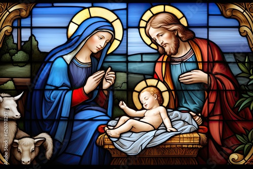 Photo stained glass window in a church that shows the birth of jesus with maria and jo