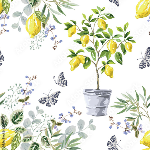Lemon tree, yellow fruits, green leaves, butterflies, white background. Floral illustration. Vector seamless pattern. Botanical design. Nature summer garden plants. Romantic italian patio