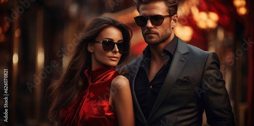 A couple man in sunglasses and woman in black, in the style of luxurious.