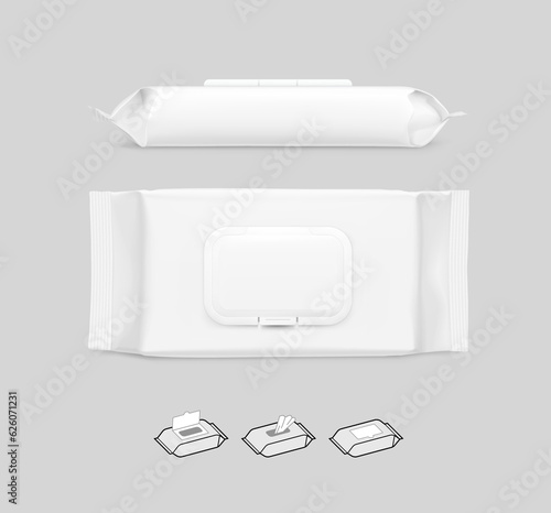 Realistic wet wipes package bag mockup. Vector illustration. Can be use for your design, promo, adv and etc. EPS10.
