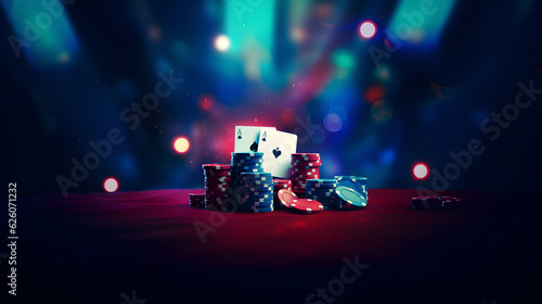 Leinwand Poster Poker chips, Casino cards game, Internet gambling concept, playing cards in on blurry background