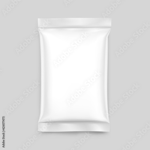 Realistic flow package bag mockup. Flat lay view. Vector illustration. Can be use for your design, promo, adv and etc. EPS10.