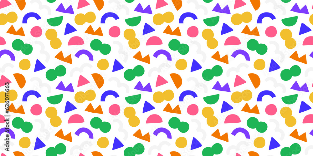 Colorful 90s style geometric shape seamless pattern. Trendy flat cartoon illustration background with retro decoration. Nostalgic zig zag lines, triangle element wallpaper, 80s fashion texture print. Colorful 90s style geometric shape seamless pattern. Trendy flat cartoon illustration background with retro decoration. Nostalgic zig zag lines, triangle element wallpaper, 80s fashion texture print.