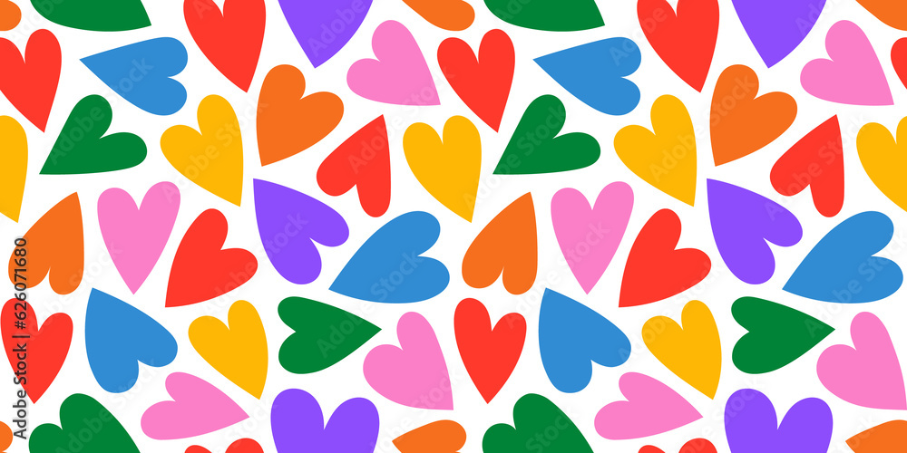 Colorful rainbow love heart seamless pattern. Wallpaper illustration with diverse hearts, gay pride background print. Valentine's day holiday backdrop texture, diversity group design.	