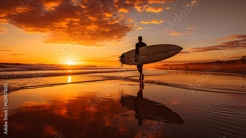Sunset surfer on a pristine beach. Silhouette with surfboard at the ocean shoreline. 