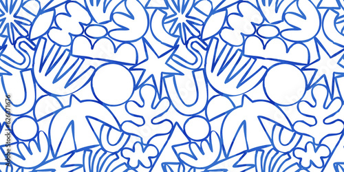 Fototapeta Naklejka Na Ścianę i Meble -  Abstract watercolor organic nature art shape seamless pattern illustration. Modern hand drawn natural painting, spring acrylic paint drawing background. Blue color wallpaper print texture.