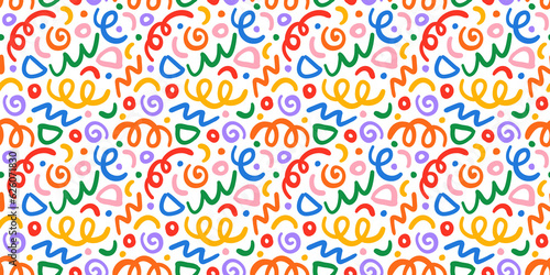 Fun colorful line doodle seamless pattern. Creative minimalist style art background for children or trendy design with basic shapes. Simple party confetti texture, childish scribble shape backdrop.