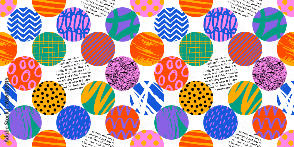 Colorful circle polka dot seamless pattern with collage art texture. Modern contemporary art background, round geometric shape hand drawn print, maximalist graffiti paint wallpaper.
Colorful circle polka dot seamless pattern with collage art texture. Modern contemporary art background, round geometric shape hand drawn print, maximalist graffiti paint wallpaper.