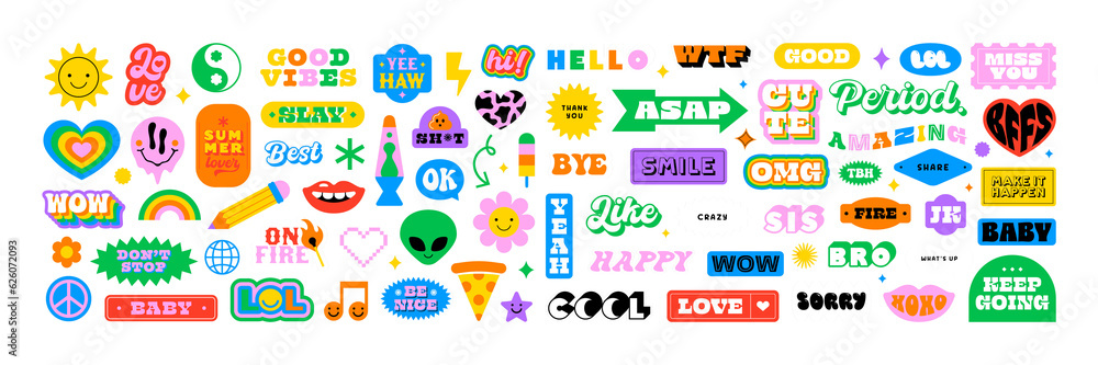 Colorful vintage label shape set. Collection of trendy retro sticker cartoon shapes. Funny comic character art and quote sign patch bundle.	
 - obrazy, fototapety, plakaty 