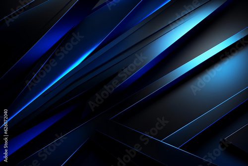 Black blue abstract modern background for design. Dark. Geometric shape. 3d effect. Diagonal lines, stripes. Triangles. Gradient. Light, glow. Metallic sheen. 4k resolution