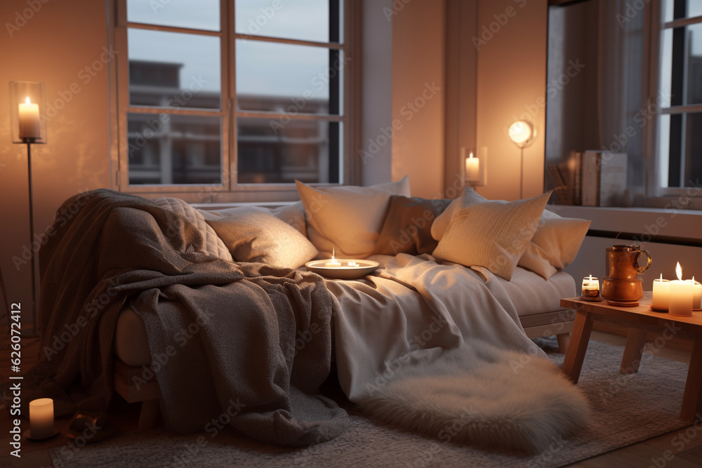 still life home atmosphere in the interior with a book and candles, on the background of cozy blankets, elements of home decor, the concept of comfort and coziness. home atmosphere. Generative AI still life home atmosphere in the interior with a book and candles, on the background of cozy blankets, elements of home decor, the concept of comfort and coziness. home atmosphere. Generative AI