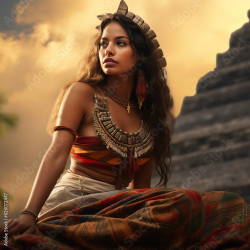 Portrait of a beautiful woman dressed with prehispanic clothes created with generative AI technology 