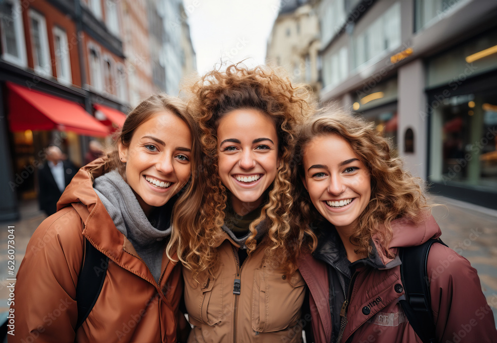 Three women standing together in the stree Three women standing together in the stree