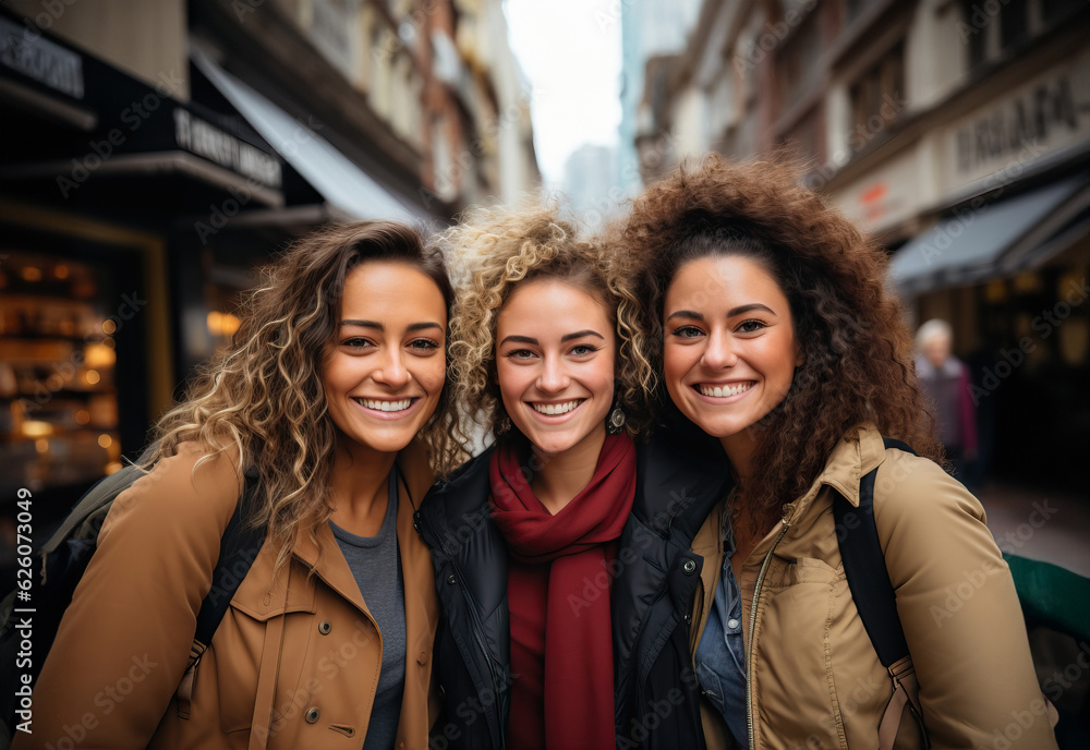 Three women standing together in the street Three women standing together in the street