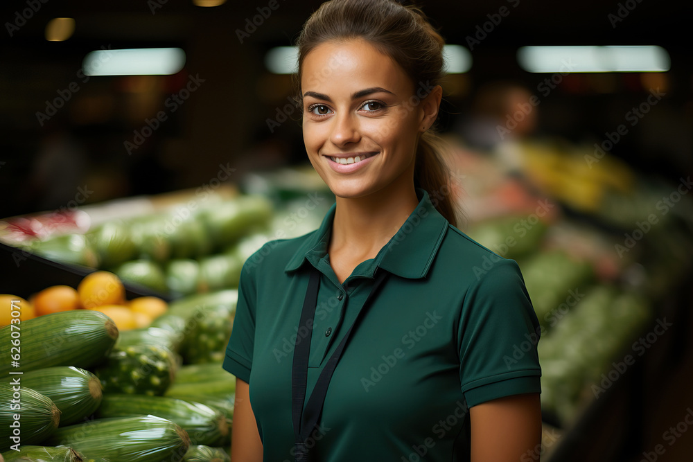 A fruit woman posing in front of a colorful vegetable display