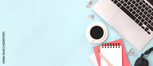 Banner with office supplies, laptop and cup of coffee on a blue background. Online education concept.