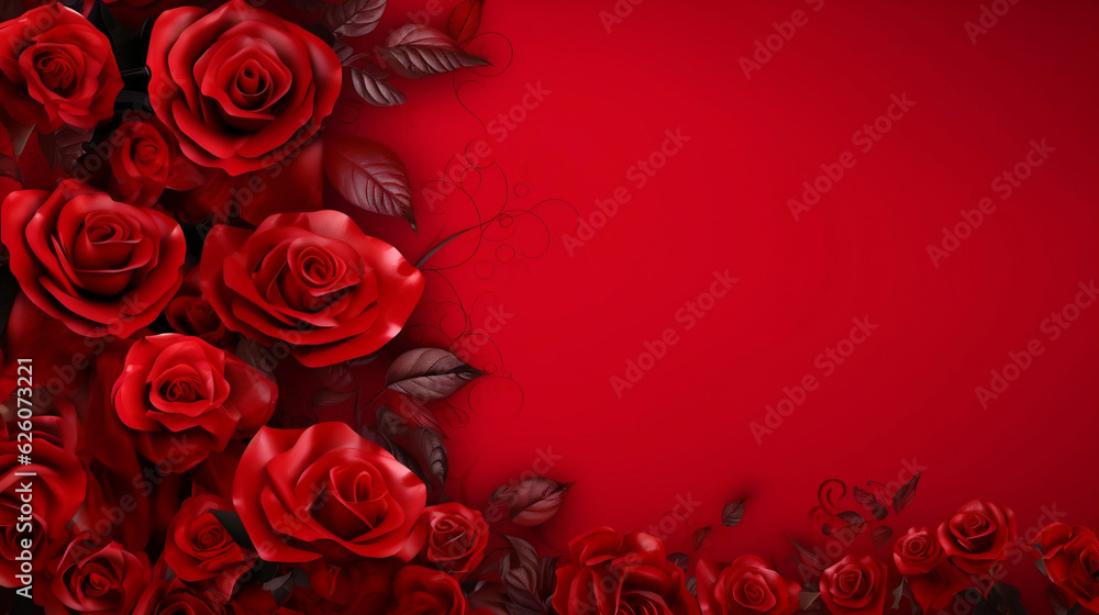 Red roses flower on red background. Copy space. Flower frame. Top view. High quality photo. Generative AI Red roses flower on red background. Copy space. Flower frame. Top view. High quality photo. Generative AI