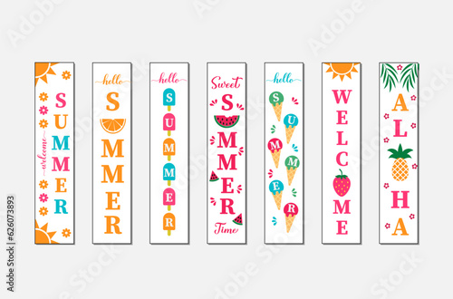 Summer vertical signs set. Welcome home porch sign bundle. Seasonal decorations. Easy to edit vector template.