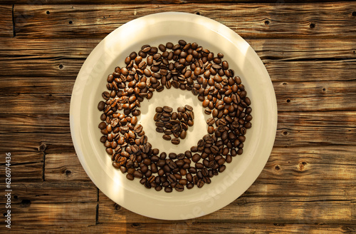 plate on a beautiful rustic floor full of coffee beans in the shape of heart. Background illustration image for cafe shops