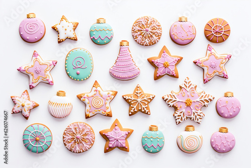 Christmas gingerbread in pastel colors on the white background. Horizontal top view background. High quality photo. Generative AI.