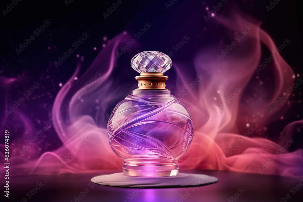 Luxury glass perfume bottle with smoke wave background in pink purple theme. Perfume with floral aroma burst. Pink bottle of perfume. Generative AI Luxury glass perfume bottle with smoke wave background in pink purple theme. Perfume with floral aroma burst. Pink bottle of perfume. Generative AI
