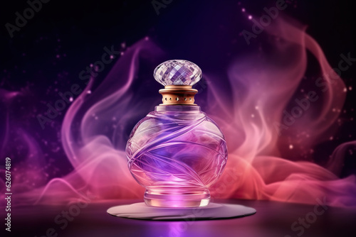 Luxury glass perfume bottle with smoke wave background in pink purple theme. Perfume with floral aroma burst. Pink bottle of perfume. Generative AI