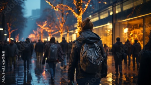 woman in the foreground in a crowded city with many people, walking at night outside different shops © rodrigo