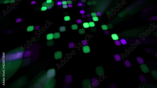 4K abstract mosaic digital cubic particle beams with glowing lights. Green and purple pixelated flowing cubes. Fiber optic cubes with lens blur effect stock video.