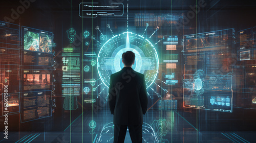 cyber security, futuristic digital holographic cyber defender at work, generative ai photo