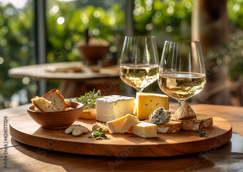 Vászonkép Food photography of assorted cheese appetizers on a wooden plate and glass of wh