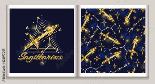 Pattern, label with gold icon of zodiac sign Sagittarius, constellation with stars, third eye, text, triangle as alchemical symbol of fire element. Mystic esoteric concept. Vintage style.