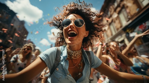 dj playing music on the street, partying with confetti and colored powders, sunny afternoon, party