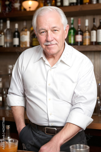 Close-up of an elderly white male bartender standing behind a bar counter. Age, hospitality, bartender concept.