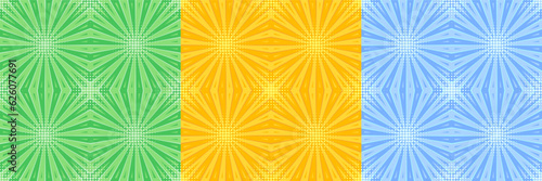 Set of seamless pop art patterns with rays, beams, stripes from center. Vintage cartoon retro background. Good for groovy, retro, pop art, comic style.