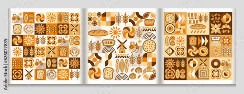 Bread, bakery themed backgrounds with icons, design elements in simple geometric style Seamless patterns with abstract shapes Good for branding, decoration of food package, decorative print