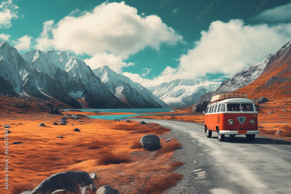 Vintage Camper Van on a winding mountain road, surrounded by breathtaking views. Generative AI