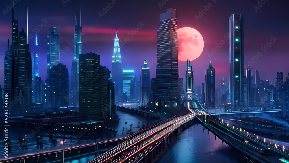 Futuristic night city by the Moon light