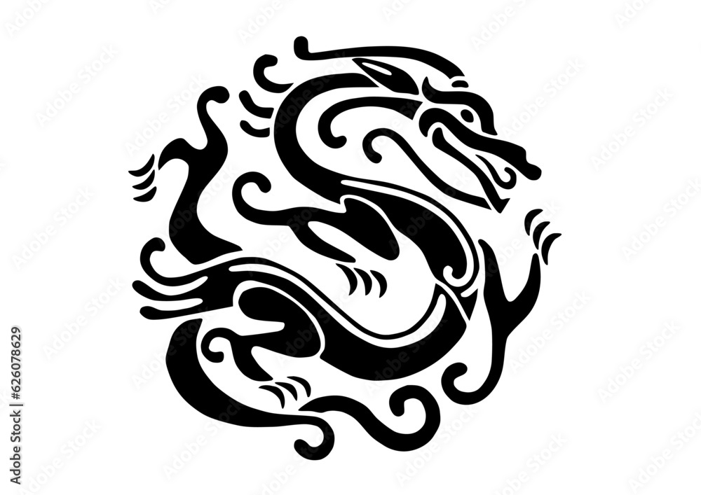 Black dragon Vector Illustration. Tattoo style. Round shape.
