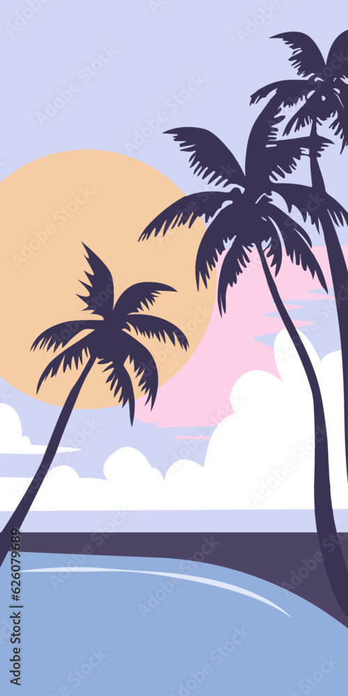 Beach at sunset. Vector graphics. A set of paintings. Design for social media, wallpapers, paintings, posters and stickers.Vintage retro style graphics